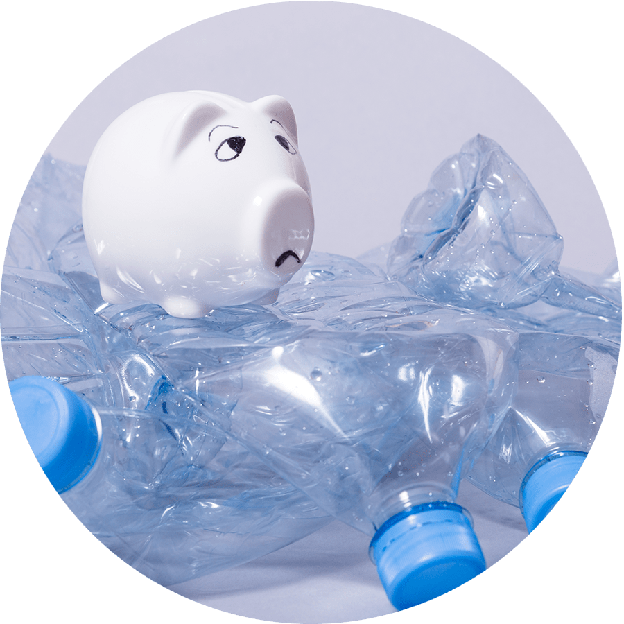 Sad Piggy Bank with bottled water